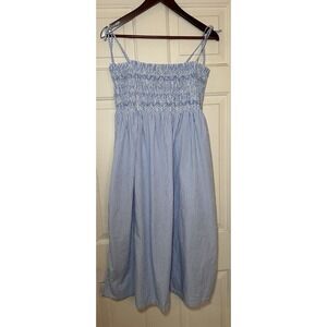 J.Crew‎ M Blue White Stripe Smocked Sundress Midi Tie Shoulder Regen Cotton